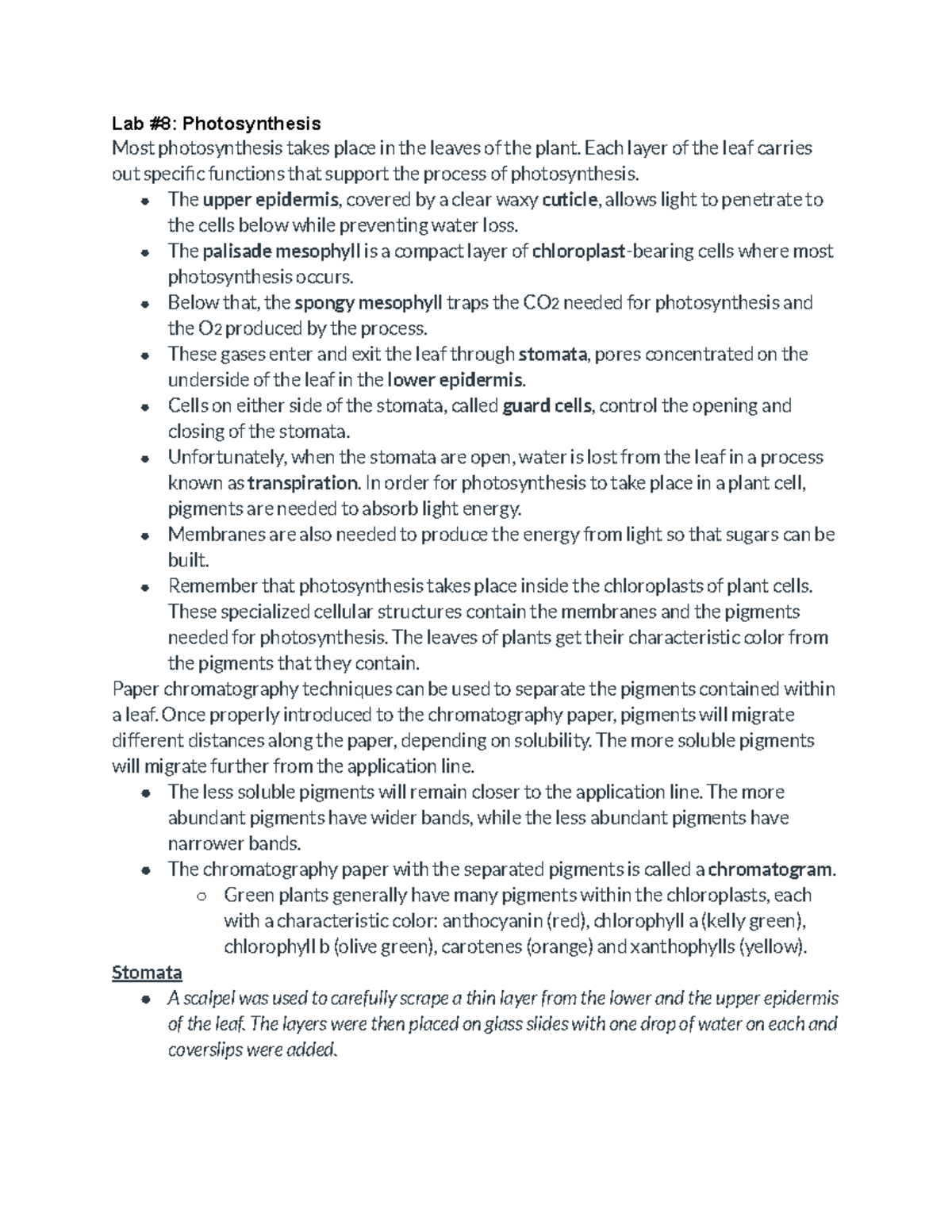 Lab 8 Photosynthesis notes from 8 Lab 8 Photosynthesis Most