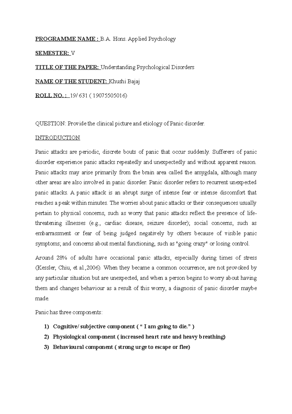 Panic Disorder notes - PROGRAMME NAME : B. Hons. Applied Psychology ...