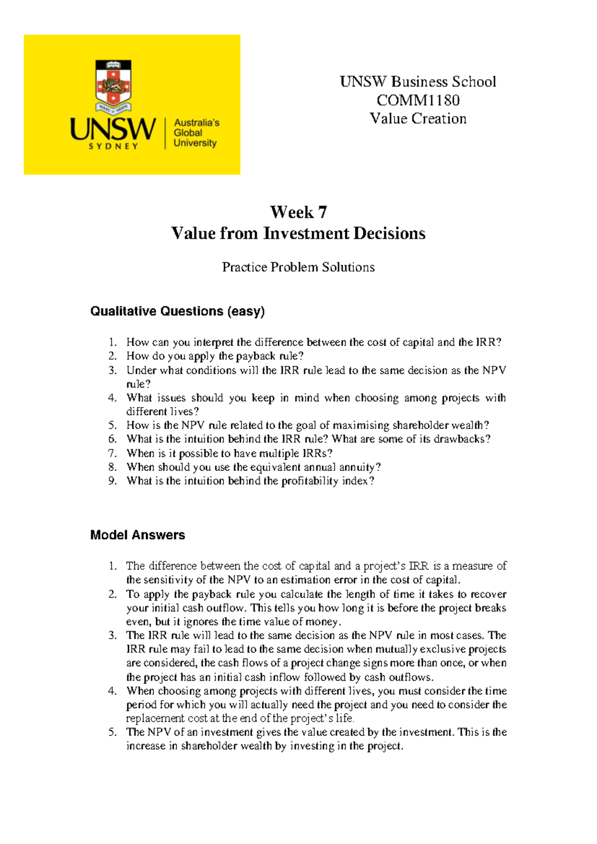 COMM1180 Week 07 Practice Problem Solutions - Week 7 Value from ...