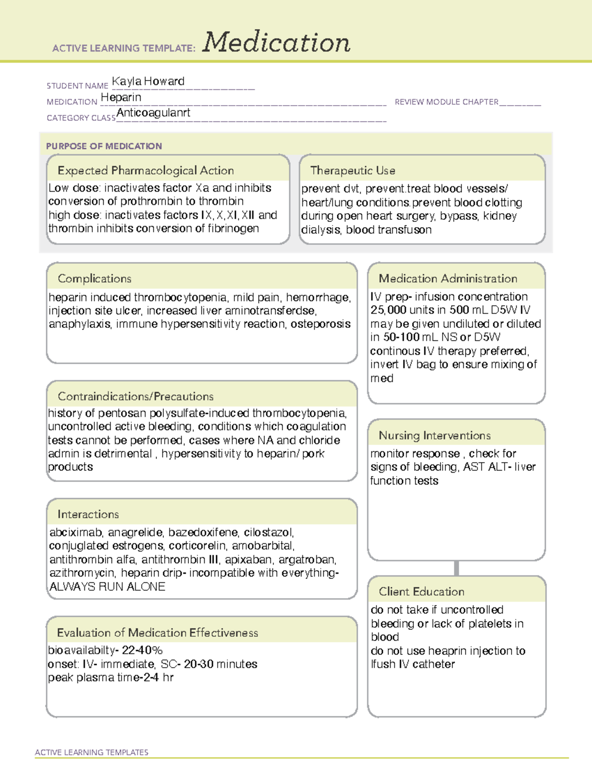 Heparin med sheets ACTIVE LEARNING TEMPLATES Medication STUDENT