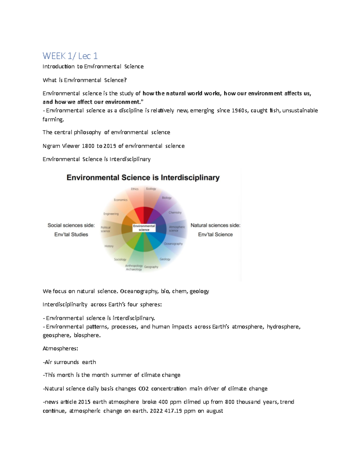 EESA Lec Notes - WEEK 1/ Lec 1 Introduction to Environmental Science ...