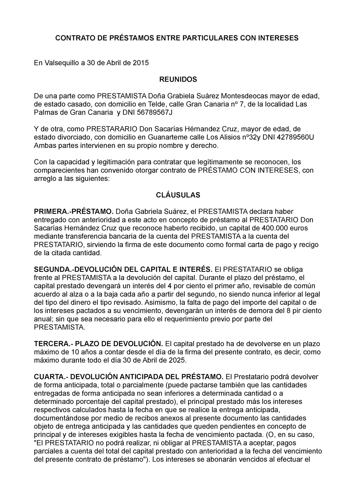 Contrato Hecho Derecho De Contratos Contrato De PrÉstamos Entre Particulares Con Intereses 7167