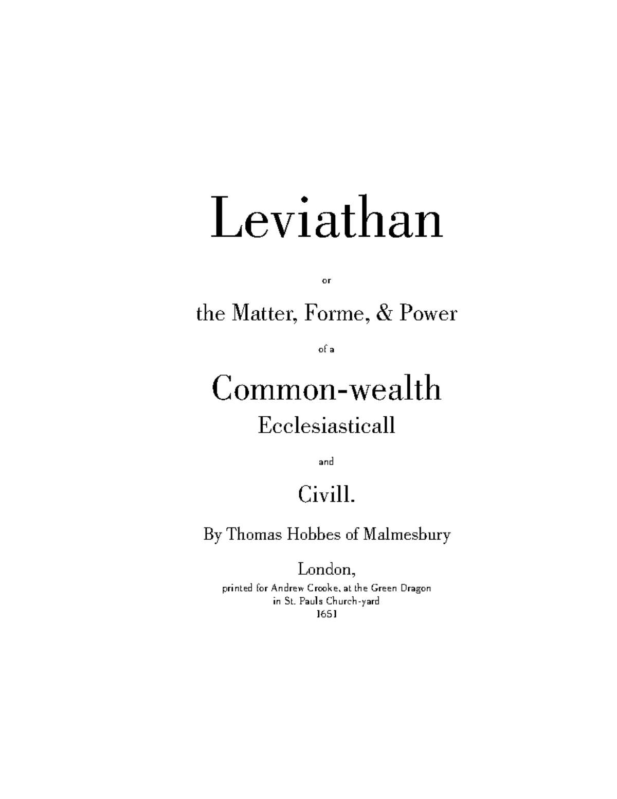 Hobbes Leviathan - Hum book - Leviathan or the Matter, Forme, & Power ...