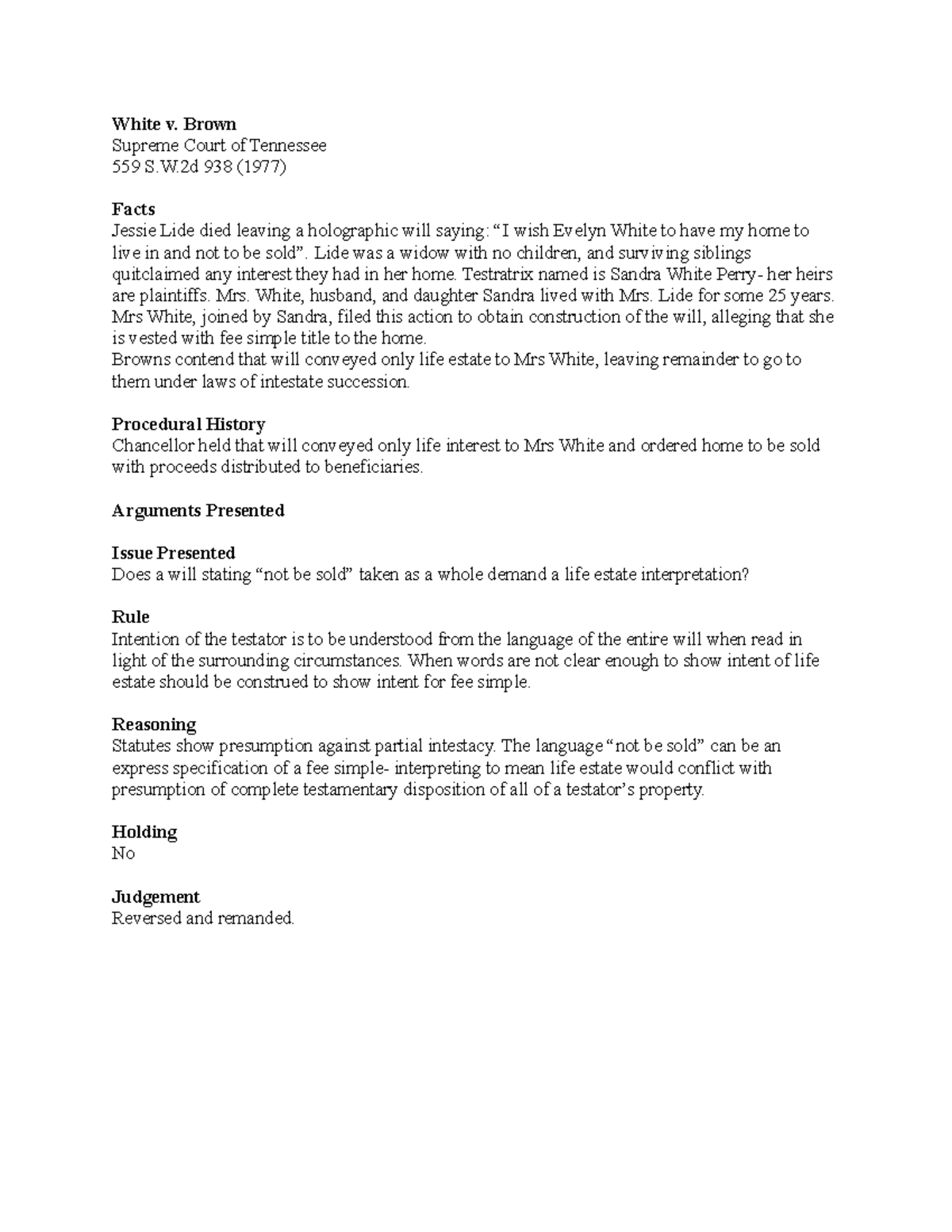 White v Brown Case brief. White v. Brown Supreme Court of Tennessee