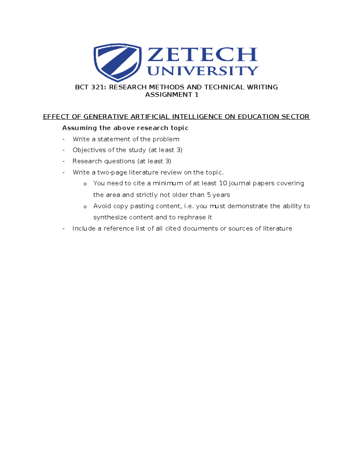 BCT 321 Assignment 1 - 13.6.2024 - BCT 321: RESEARCH METHODS AND ...