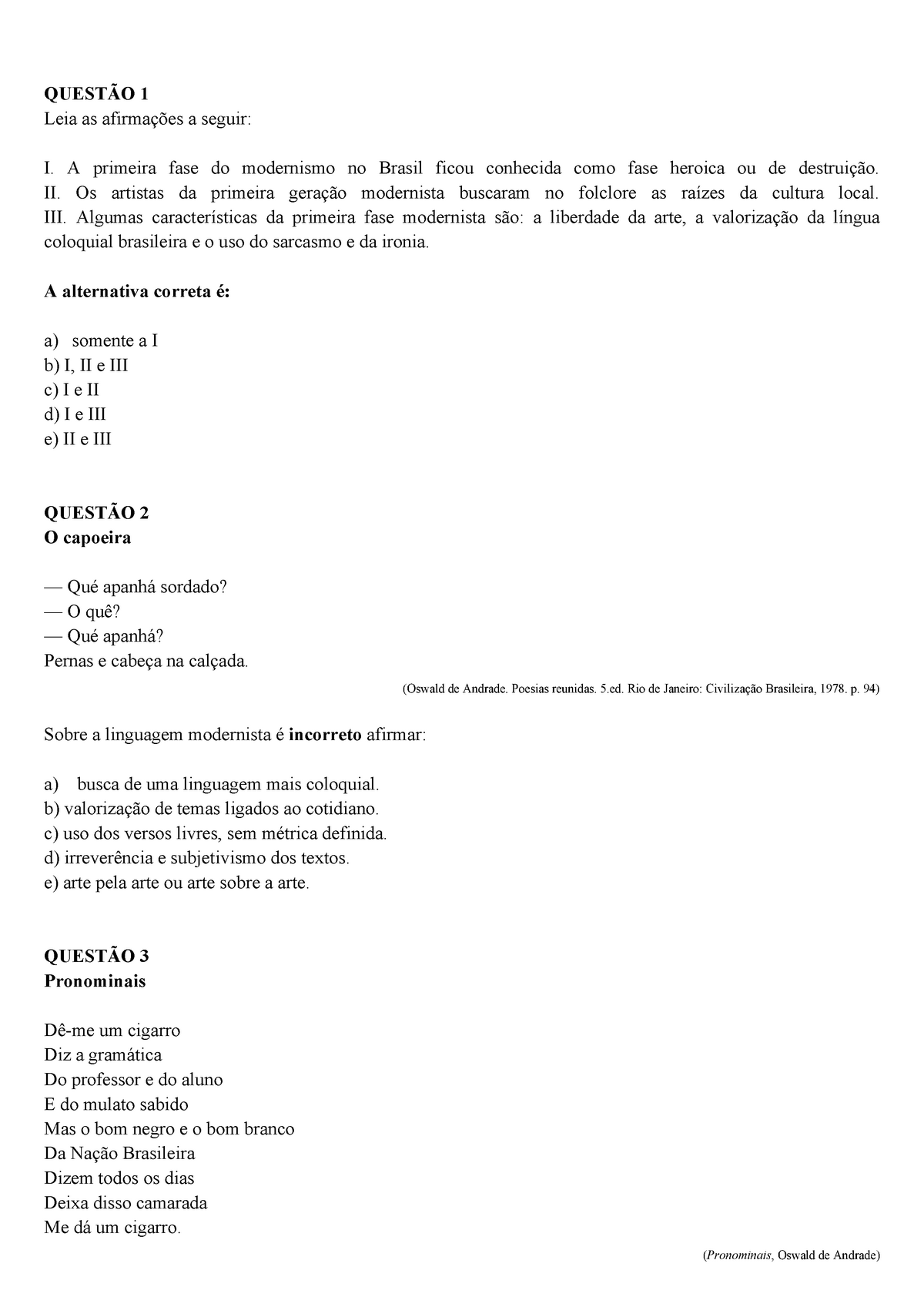 Exercícios sobre Modernismo 2 fase poesia - Baixar pdf de