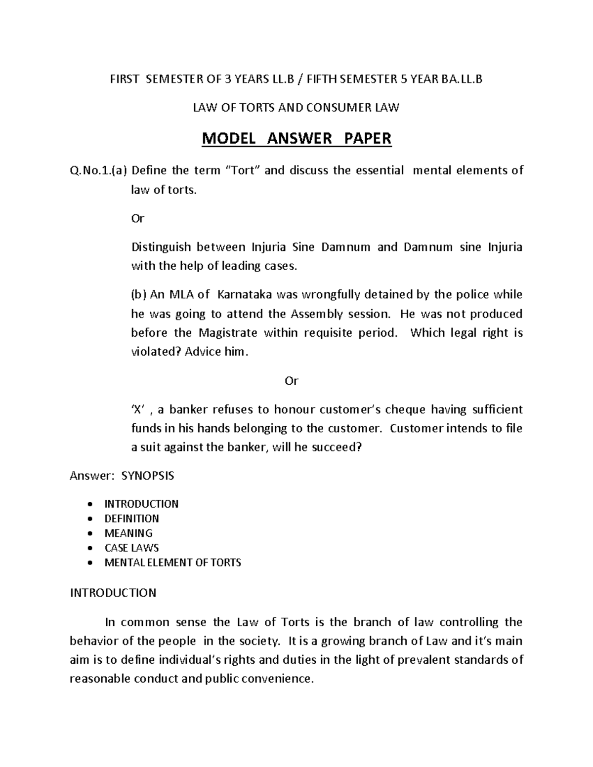 Torts Model Paper - Tort - FIRST SEMESTER OF 3 YEARS LL / FIFTH ...