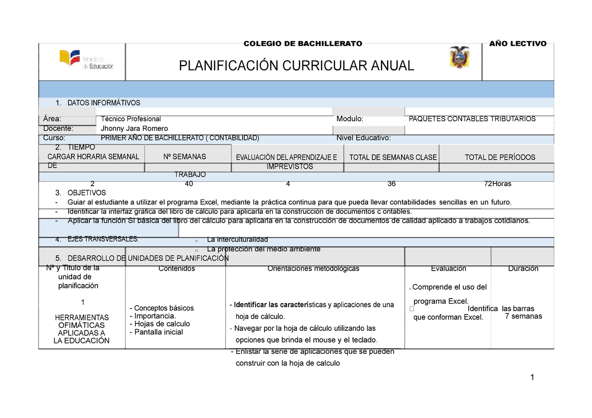 PCA Paquetes Contables - 1. DATOS INFORMÁTIVOS COLEGIO DE BACHILLERATO ...