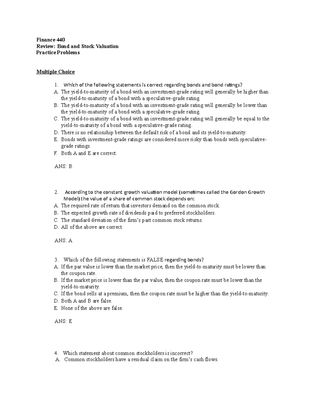 Bond and Stock Valuation Practice Problems and Solutions Finance 440