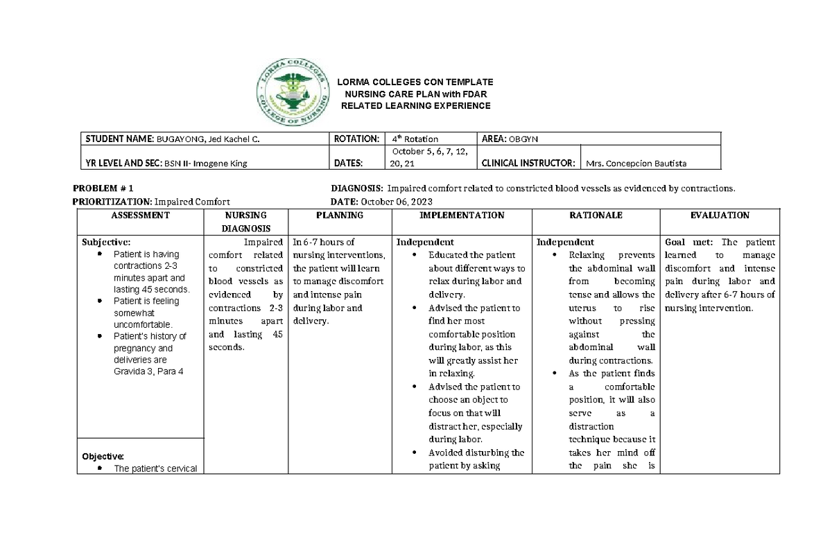 5. LP 2. NCP FORM - notes - LORMA COLLEGES CON TEMPLATE NURSING CARE ...