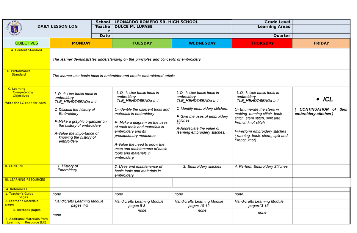 DLL 1 week-handicrafts - DAILY LESSON LOG School LEONARDO ROMERO SR ...
