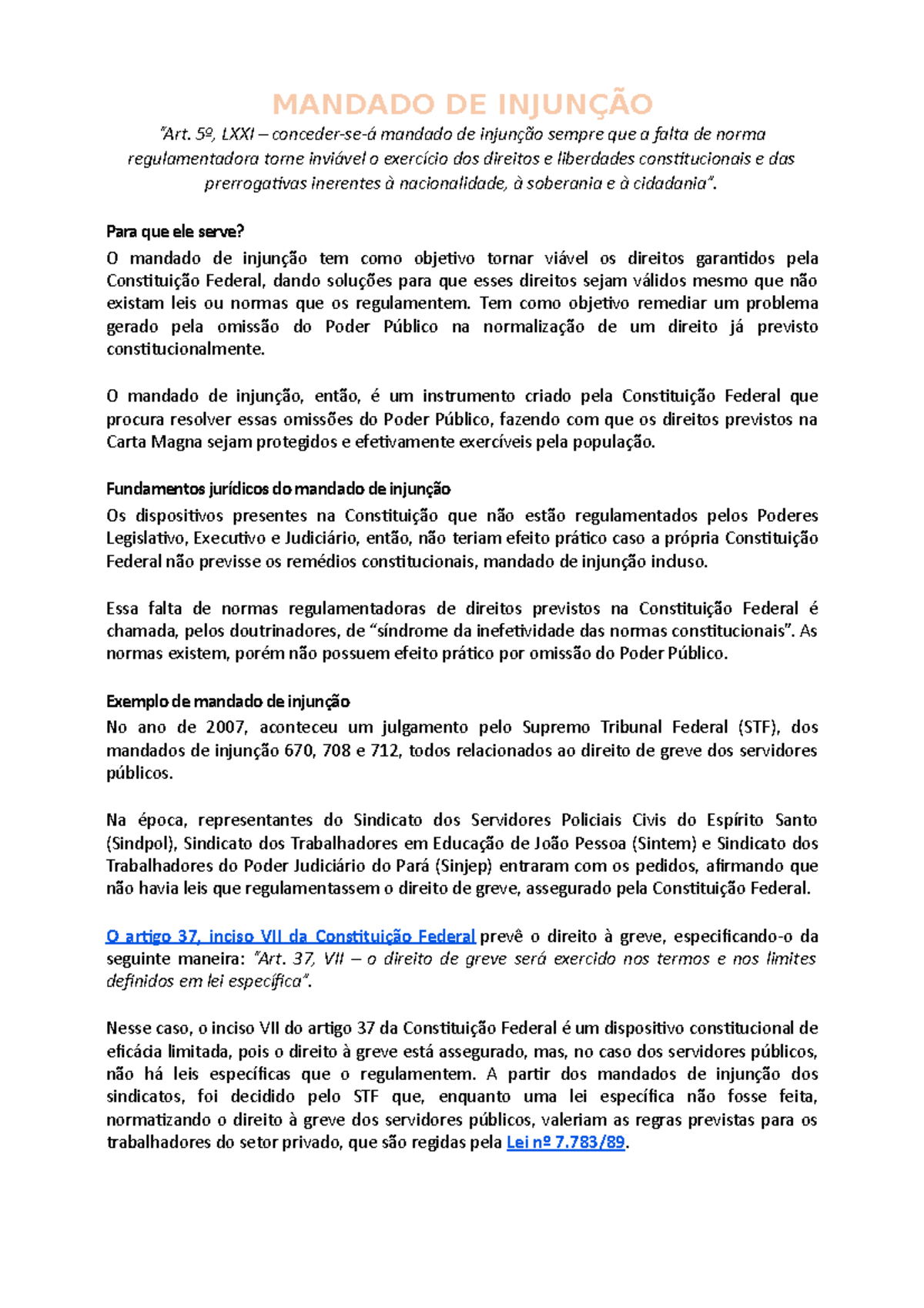 Mandado DE Injunção - REMEDIOS CONSTITUCIONAIS - MANDADO DE INJUNÇÃO ...