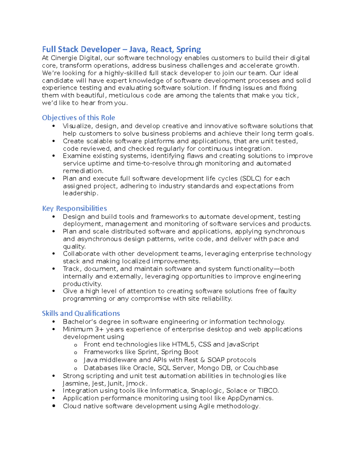 Job Descriptions for Fullstack Java - Full Stack Developer – Java ...