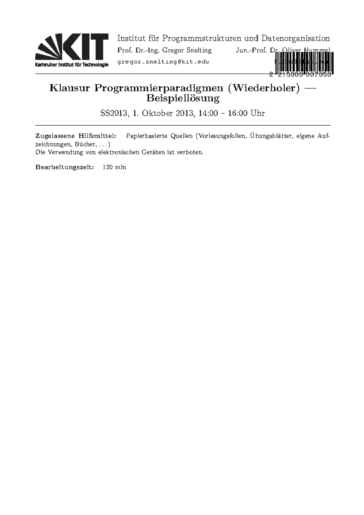 Klausur Ss Fragen Und Antworten Institut F R Programmstrukturen Und Datenorganisation