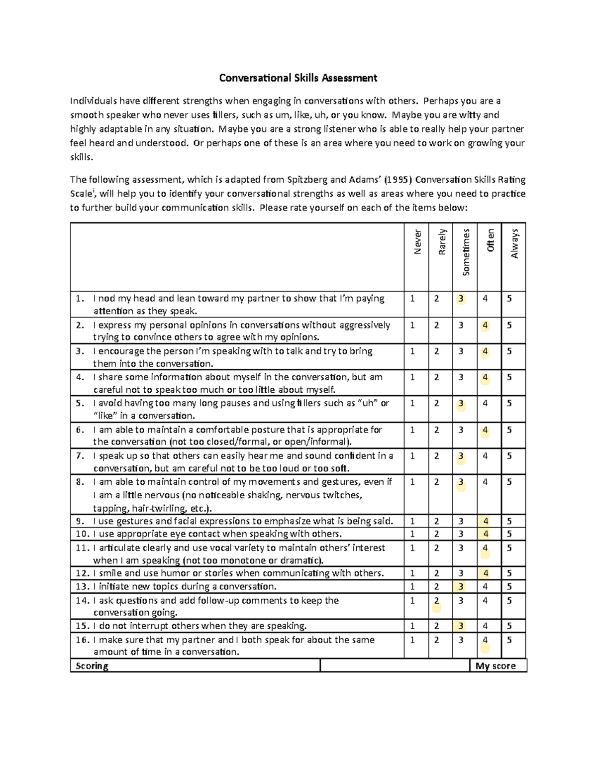 Conversational Skills Assessment Conversational Skills Assessment