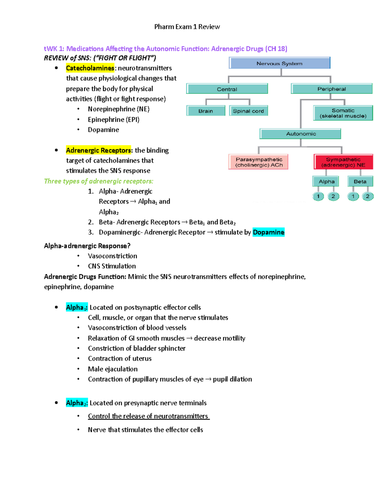 Pharm 2 exam 1 Review - tWK 1: Medications Affecting the Autonomic ...