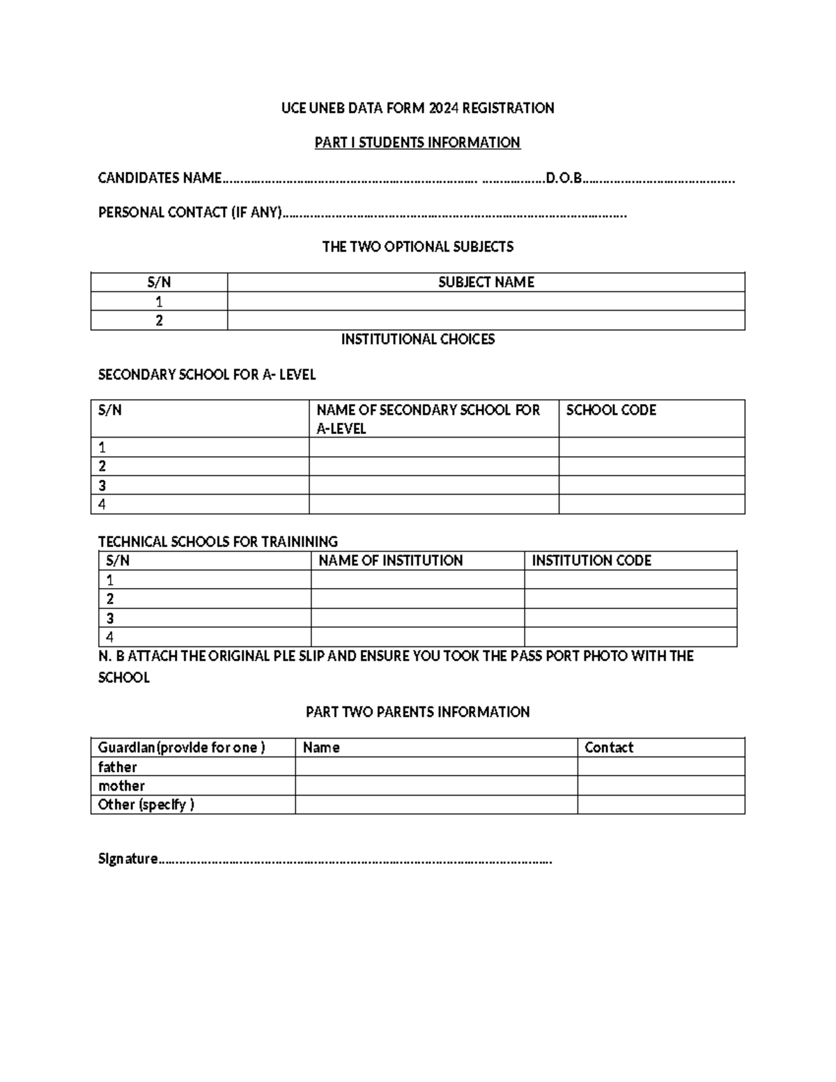 S.4 form - Bio - UCE UNEB DATA FORM 2024 REGISTRATION PART I STUDENTS ...