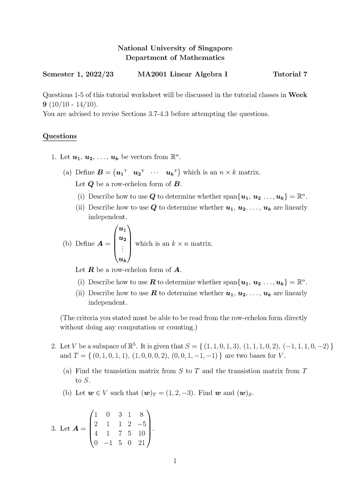 Tutorial 7 - National University Of Singapore Department Of Mathematics ...