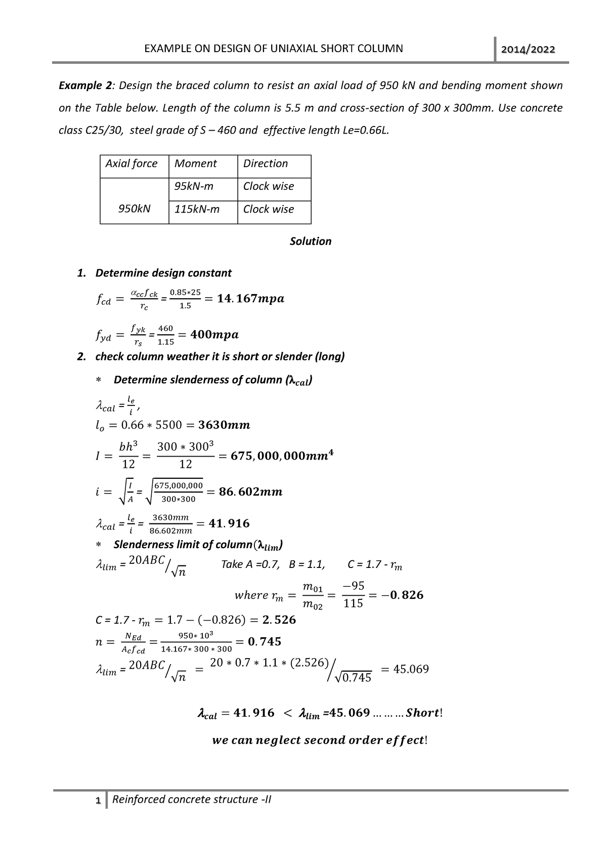 Example on Design of uniaxial Short Column - EXAMPLE ON DESIGN OF ...