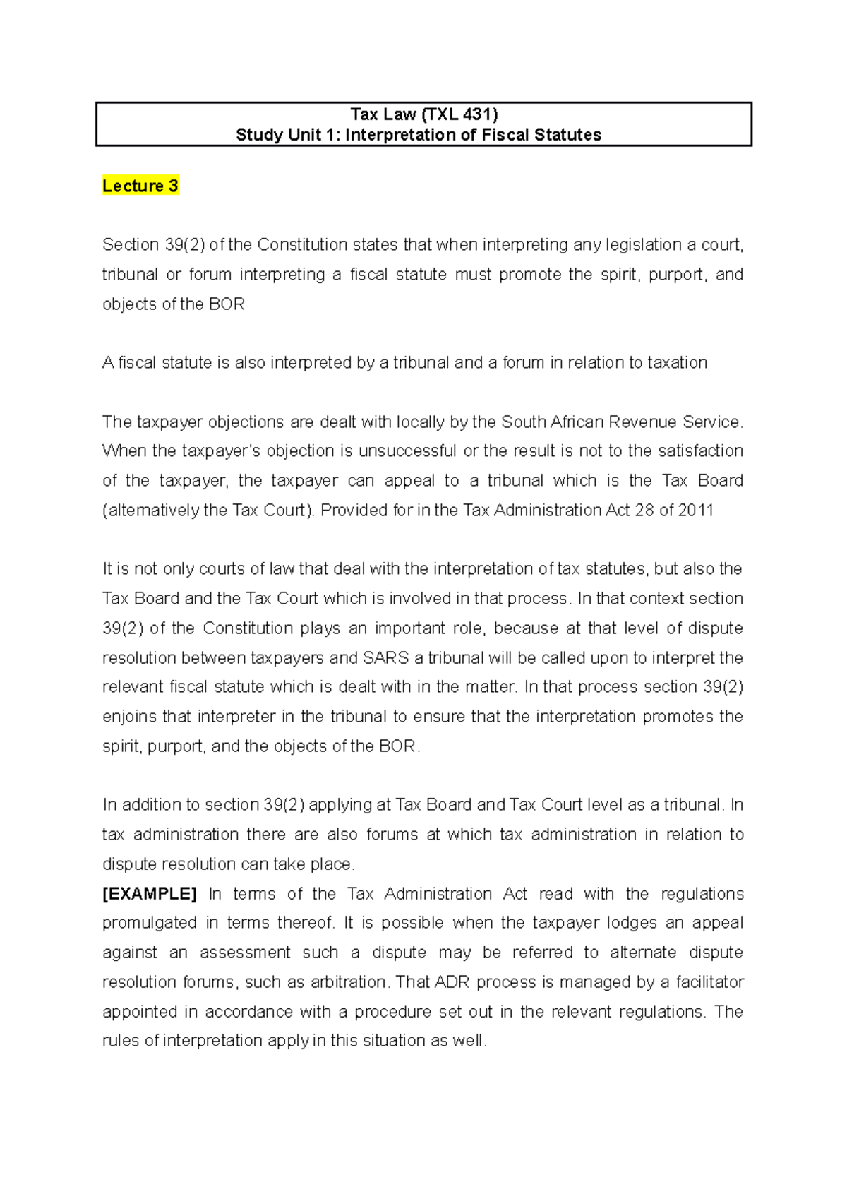 TXL 431 Study Unit 1 Interpretation of Fiscal Statutes Tax Law (TXL