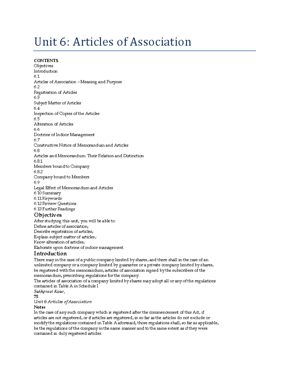Unit 6 Article OF Association Unit 6 Articles of Association CONTENTS Objectives