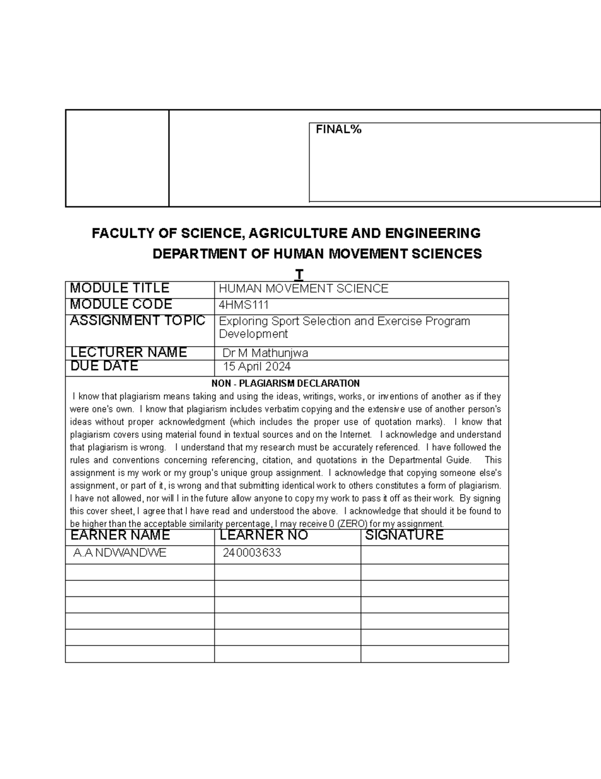 4HMS111 Assignment 2 (finished) - FINAL% FACULTY OF SCIENCE ...