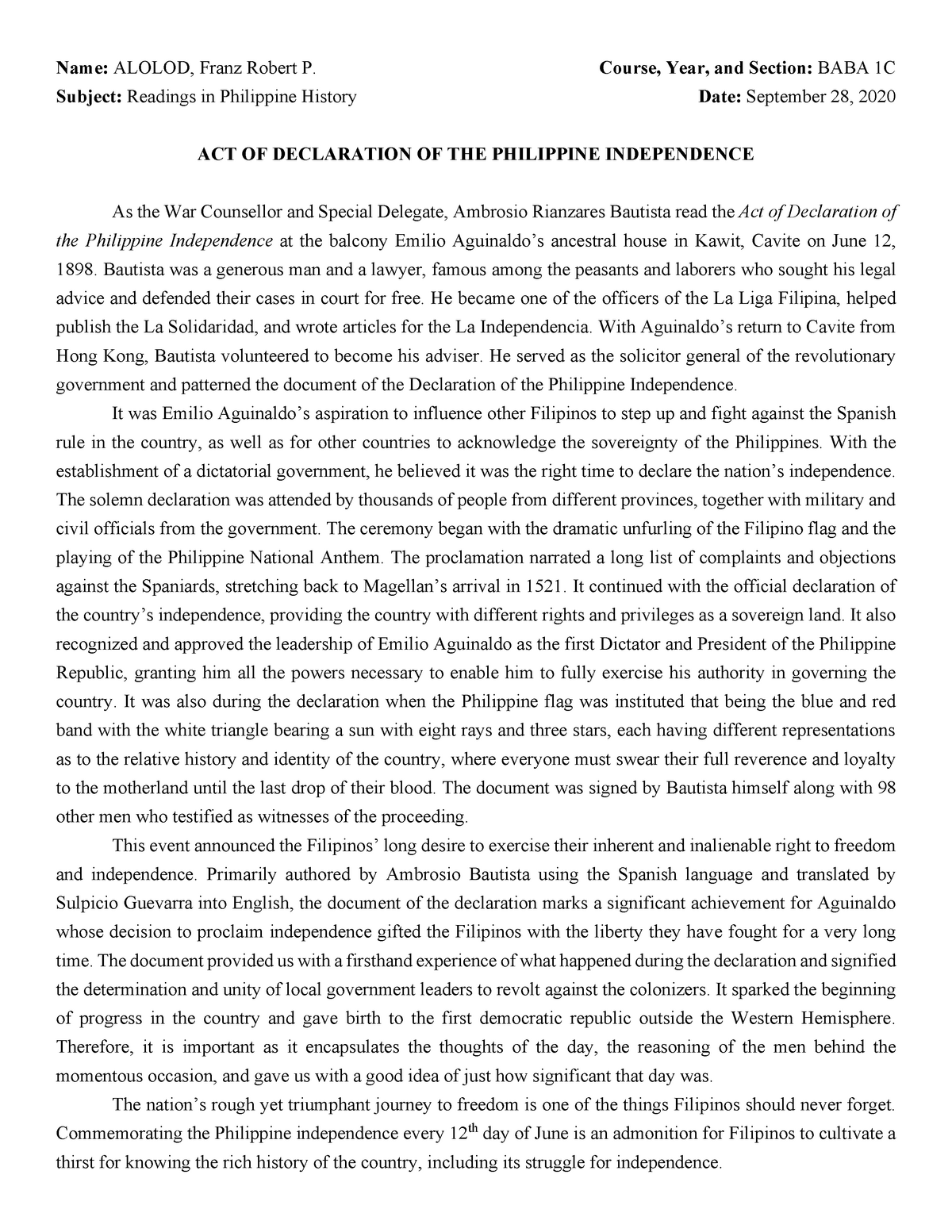 critical essay about proclamation of philippine independence