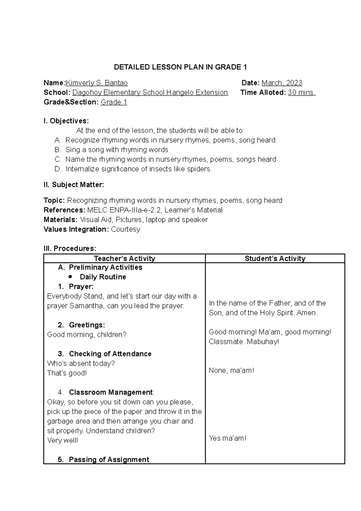 LP in English 1 - Lesson Plan - DETAILED LESSON PLAN IN GRADE 1 Name ...