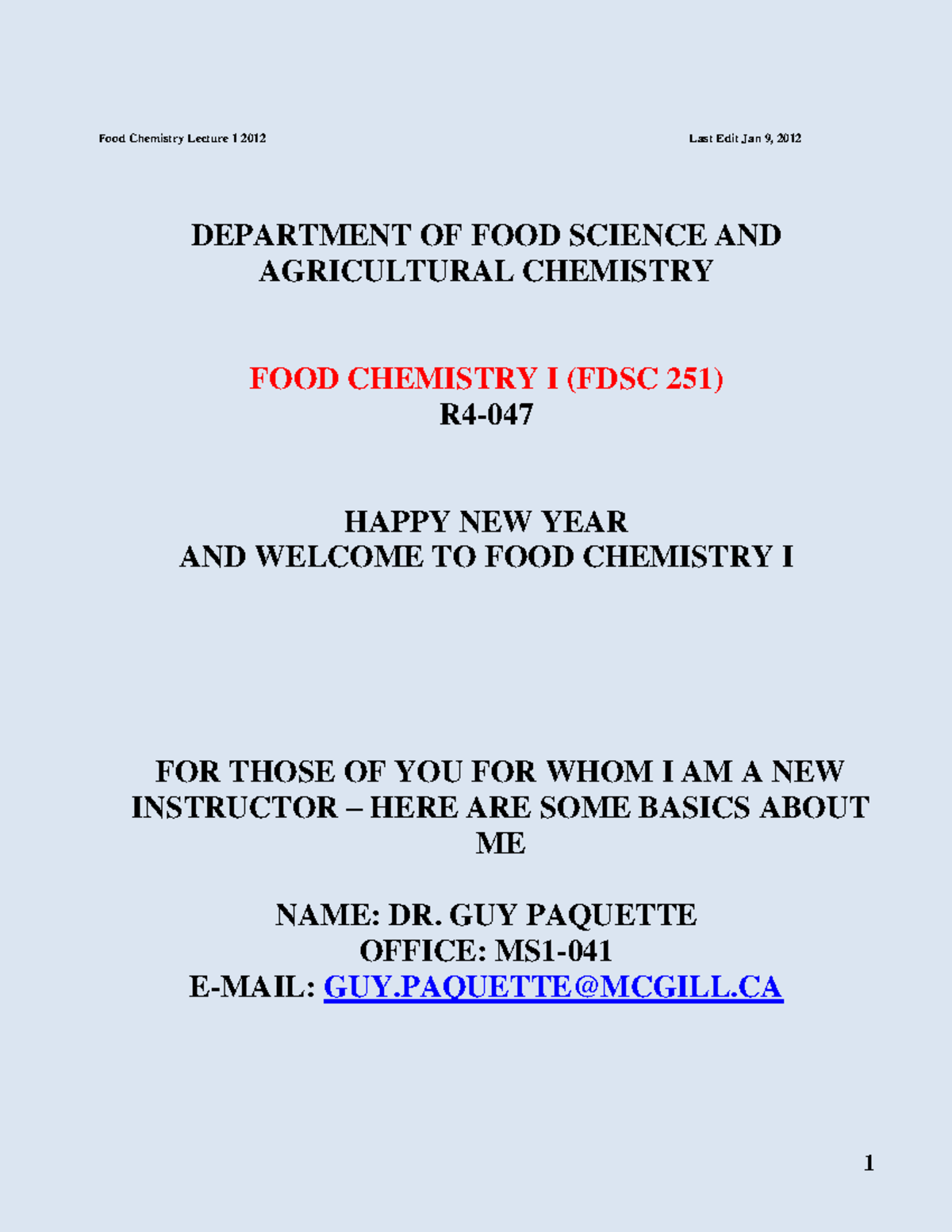 Lecture Notes Food Chemistry Lecture 1 4B Food Chemistry Lecture 1