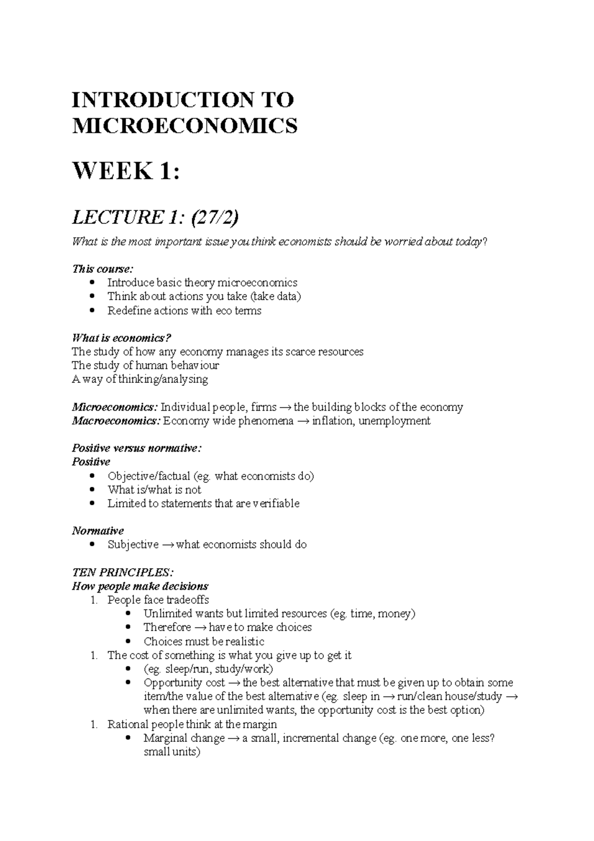 Microeconomics first half - INTRODUCTION TO MICROECONOMICS WEEK 1 ...