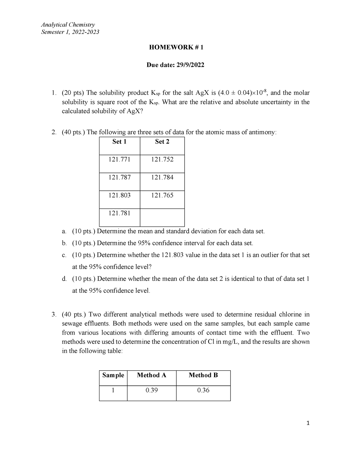 Homework # 1-Analytical Chemistry - Analytical Chemistry Semester 1 ...