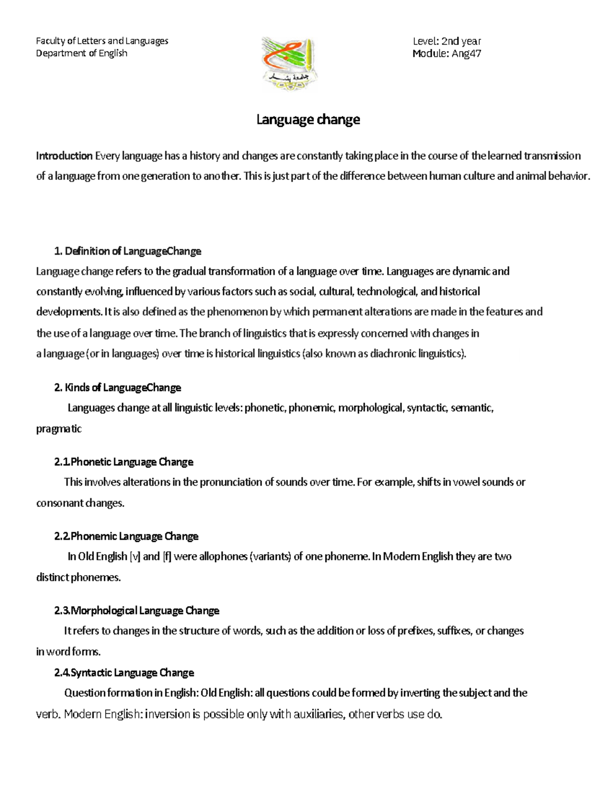 Language Change - Faculty of Letters and Languages Department of ...