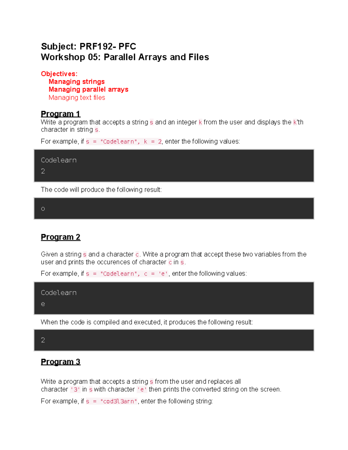 Workshop For PRF192 - Subject: PRF192- PFC Workshop 05: Parallel Arrays ...