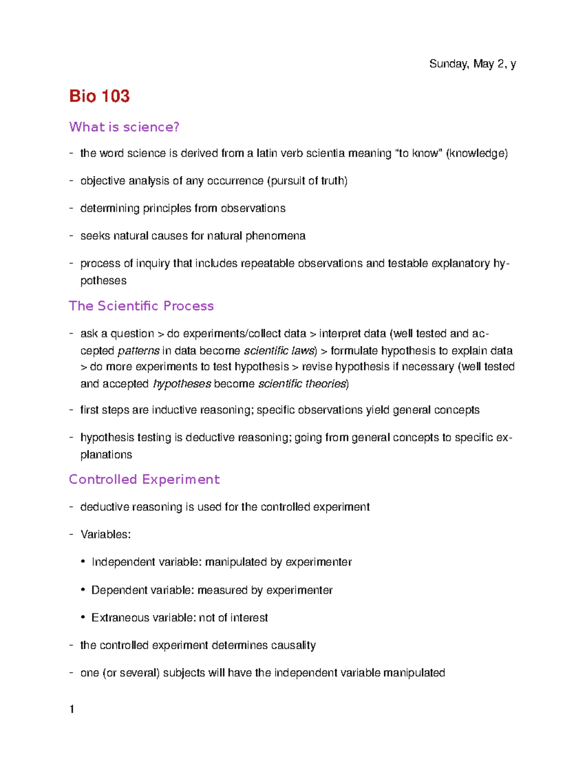 Bio 103 - Lecture notes All - Friday, May 3, y Bio 103 What is science ...