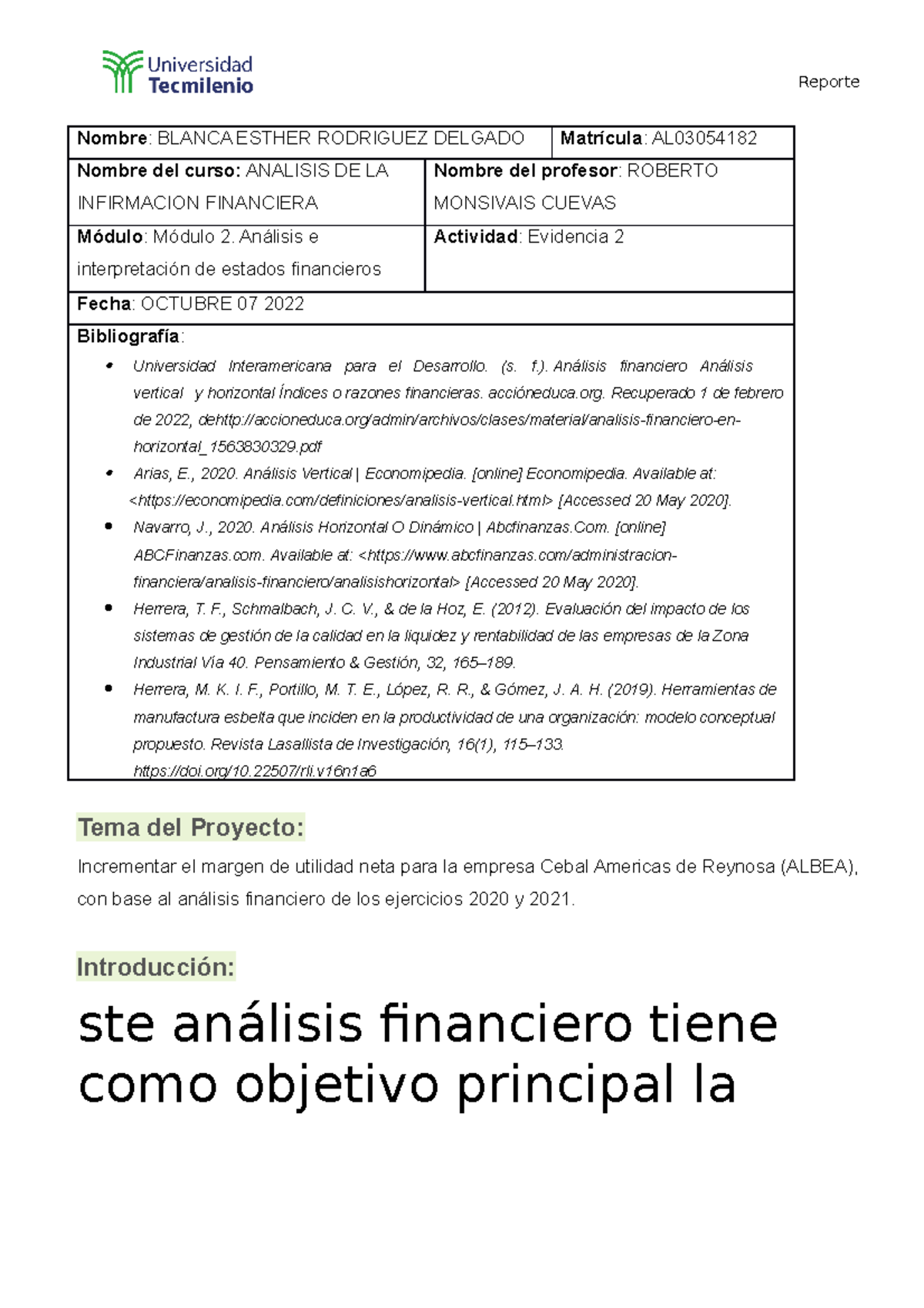 Modulo 2. Analisis DE LA Informacion Financiera- Evidencia 2 - Nombre ...