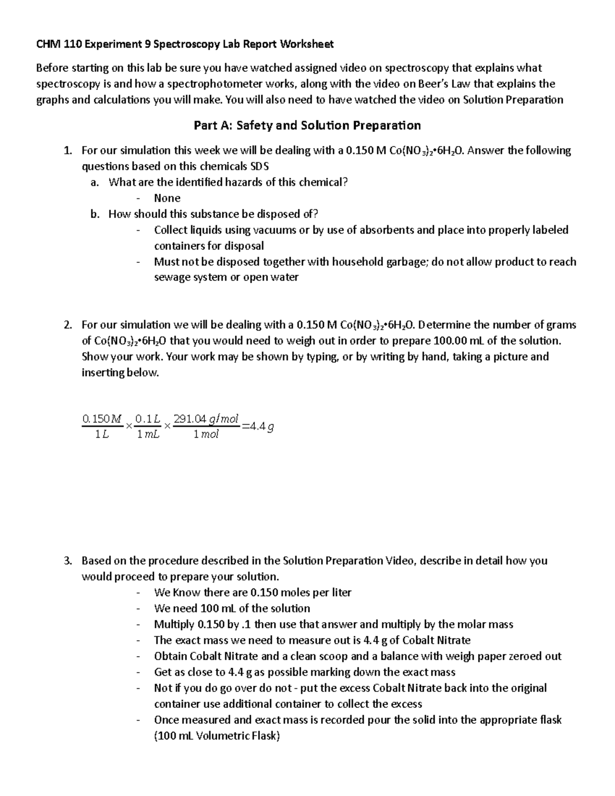 CHM 110 Lab 11 Spectroscopy CHM 110 Experiment 9 Spectroscopy Lab