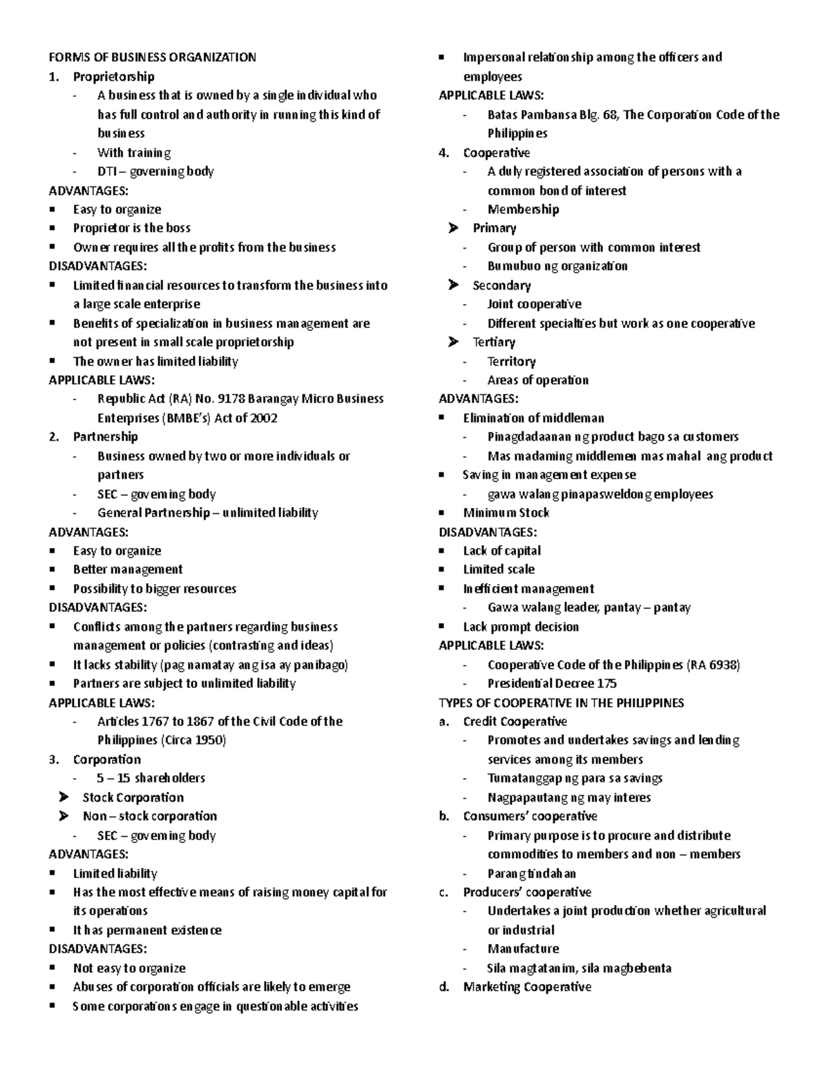 Business Management - FORMS OF BUSINESS ORGANIZATION 1. Proprietorship ...