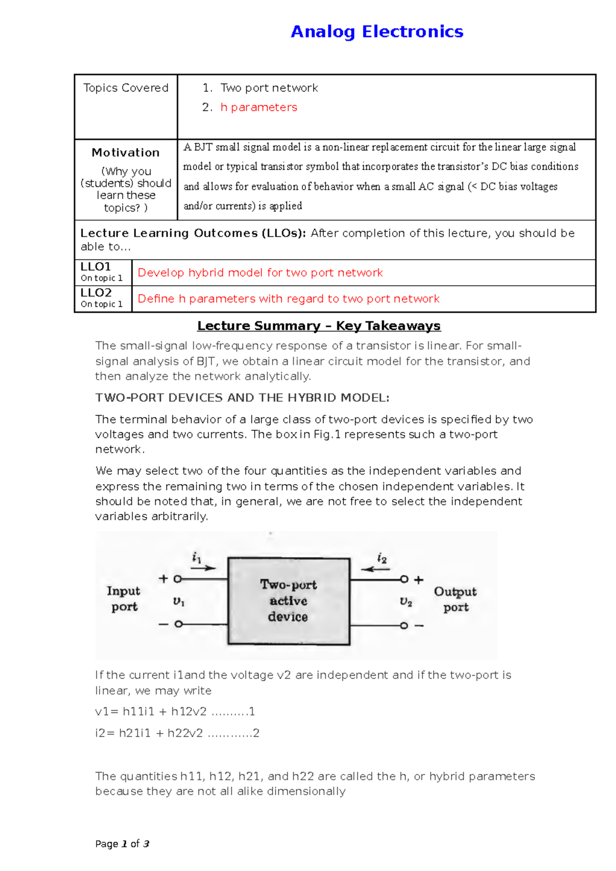 Two port network analog electronics Analog Electronics Topics Covered
