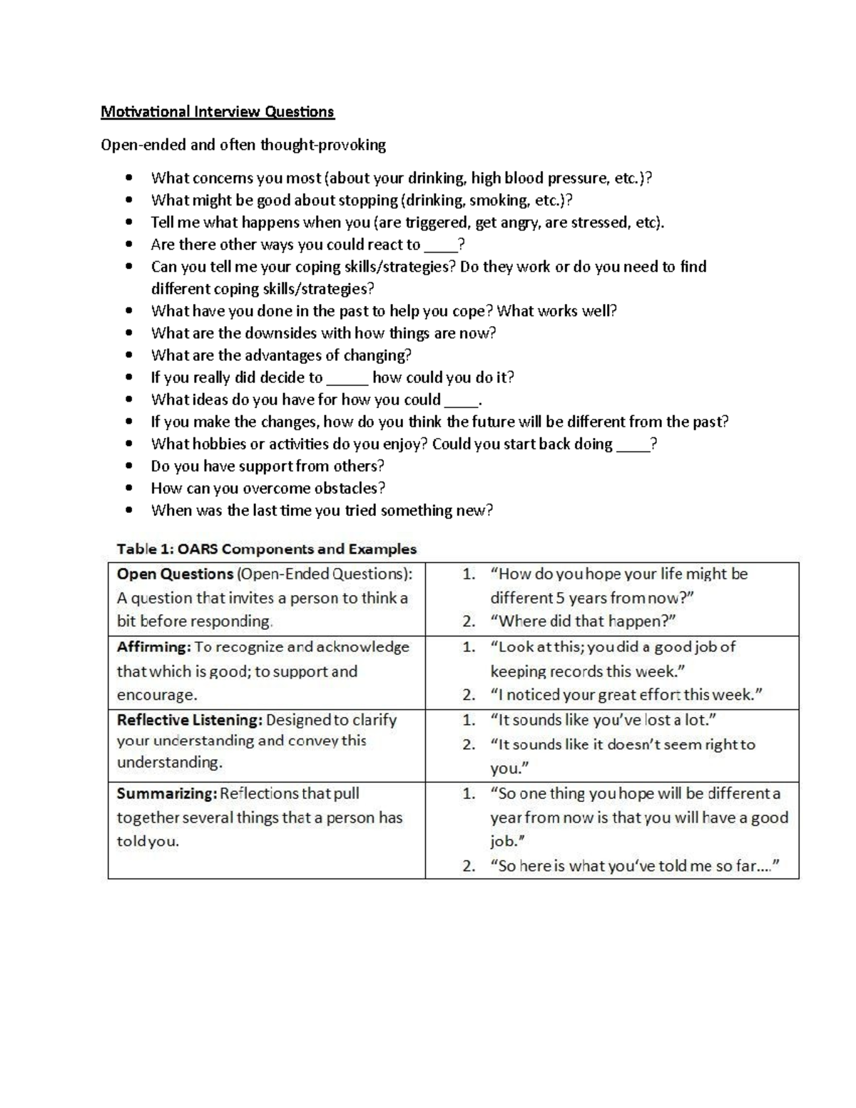 Motivational Questions Motivational Interview Questions Openended