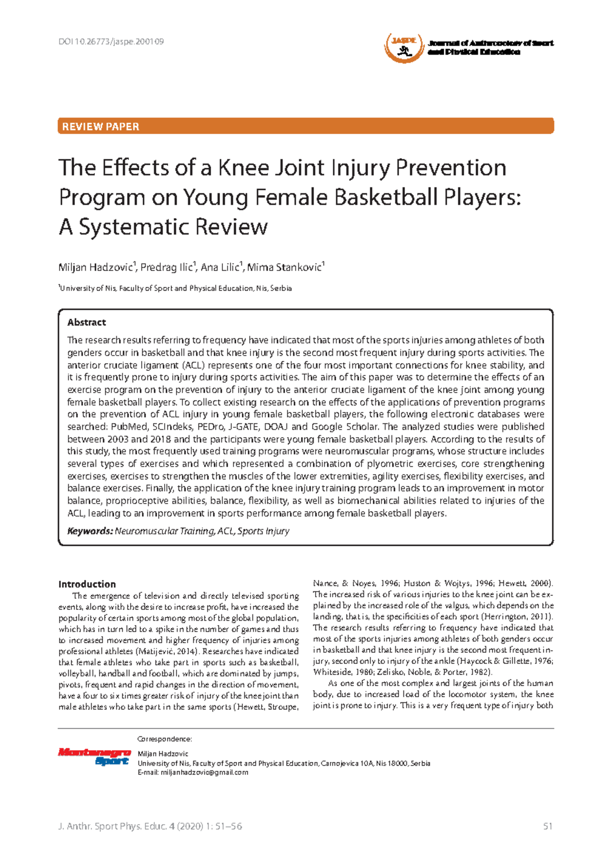 The Effects of a Knee Joint Injury Prevention Prog - DOI 10/jaspe. J ...