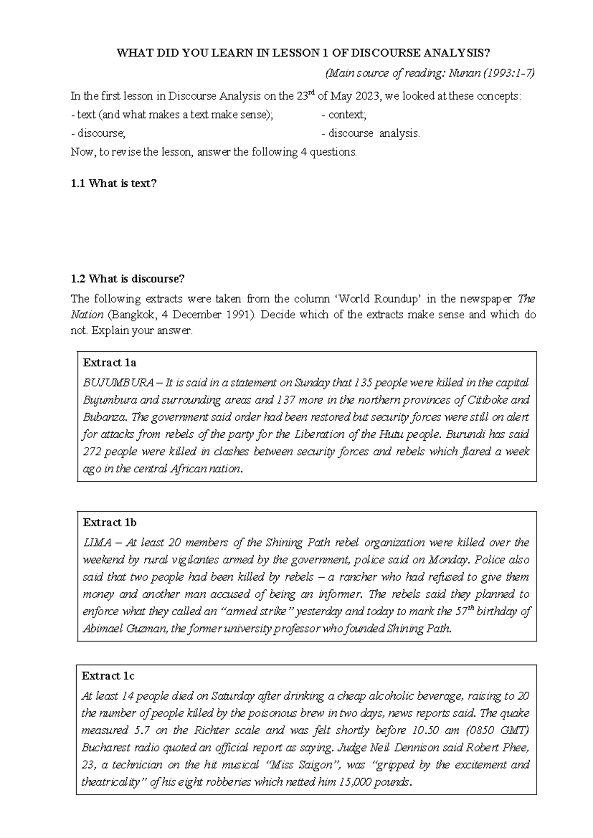 Lesson 1 Revision What Did You Learn In Lesson 1 Of Discourse Analysis Main Source Of