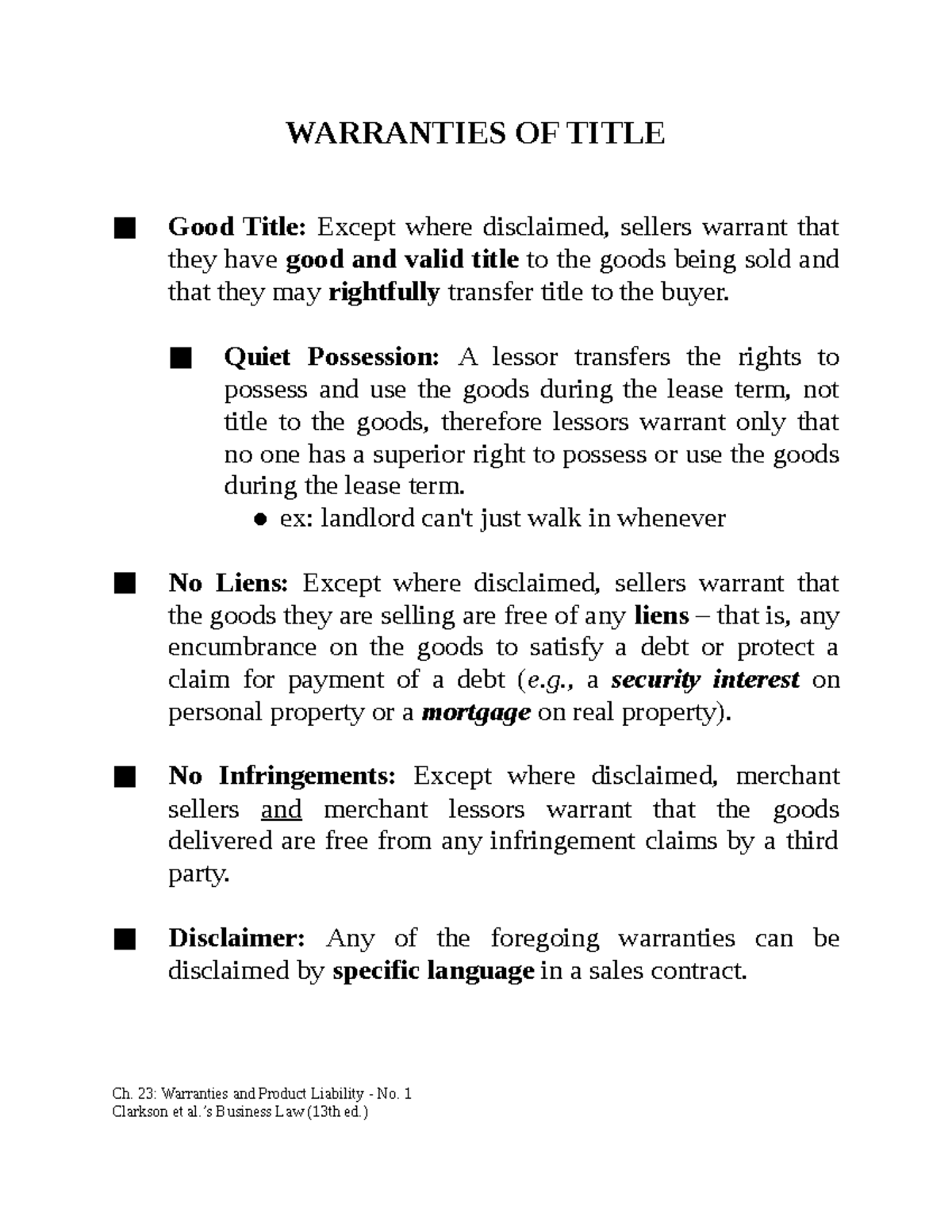 Ch 23 Warranties lgst lecture notes and practice materials WARRANTIES OF TITLE Good Title