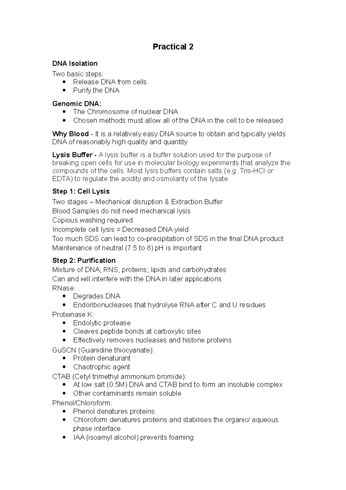 Module 1 Notes - Practical 2 DNA Isolation Two basic steps: Release DNA ...