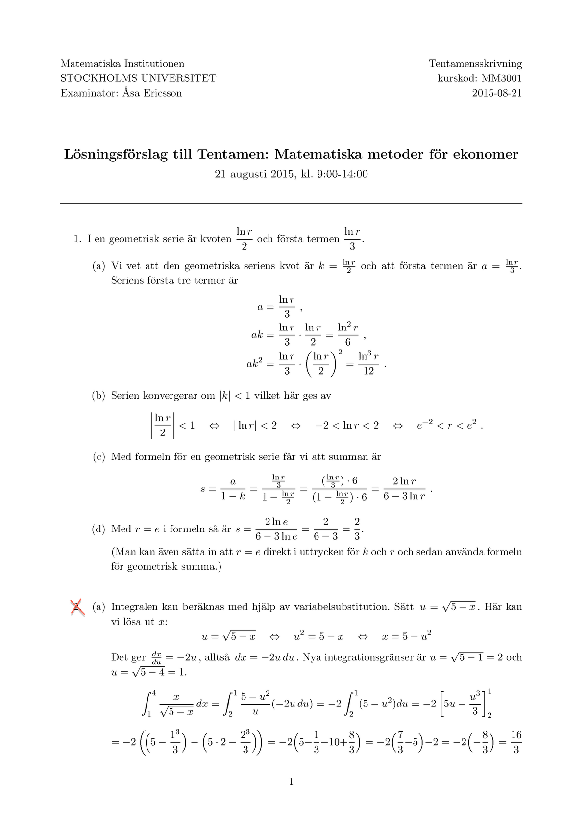 Exam 21 August 2015, Questions And Answers - Matematiska Institutionen ...