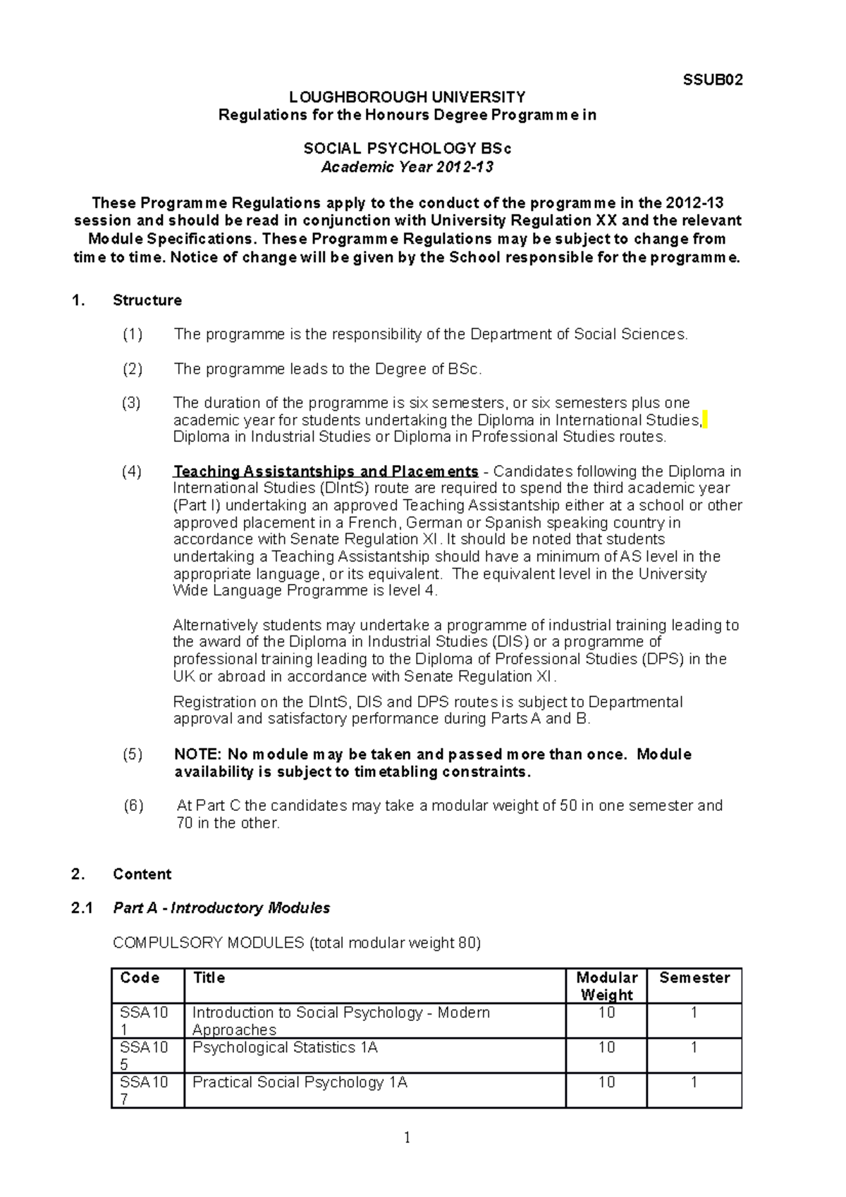 BSc Social Psychology SSUB02 LOUGHBOROUGH UNIVERSITY Regulations for