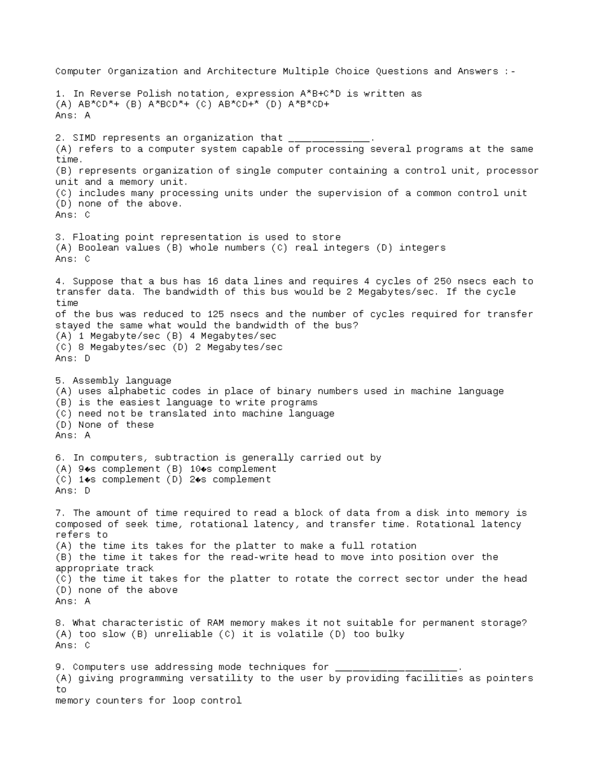 426394401 CSE211 MCQ s txt - Computer Organization and Architecture ...