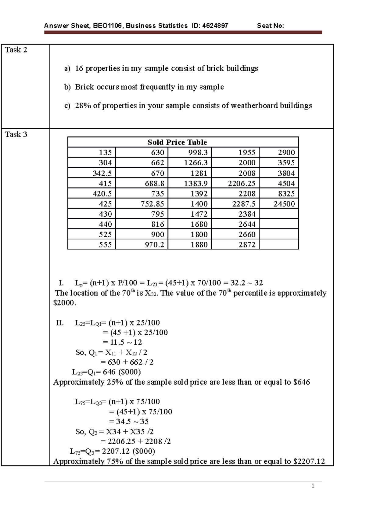 business statistics assignment questions and answers