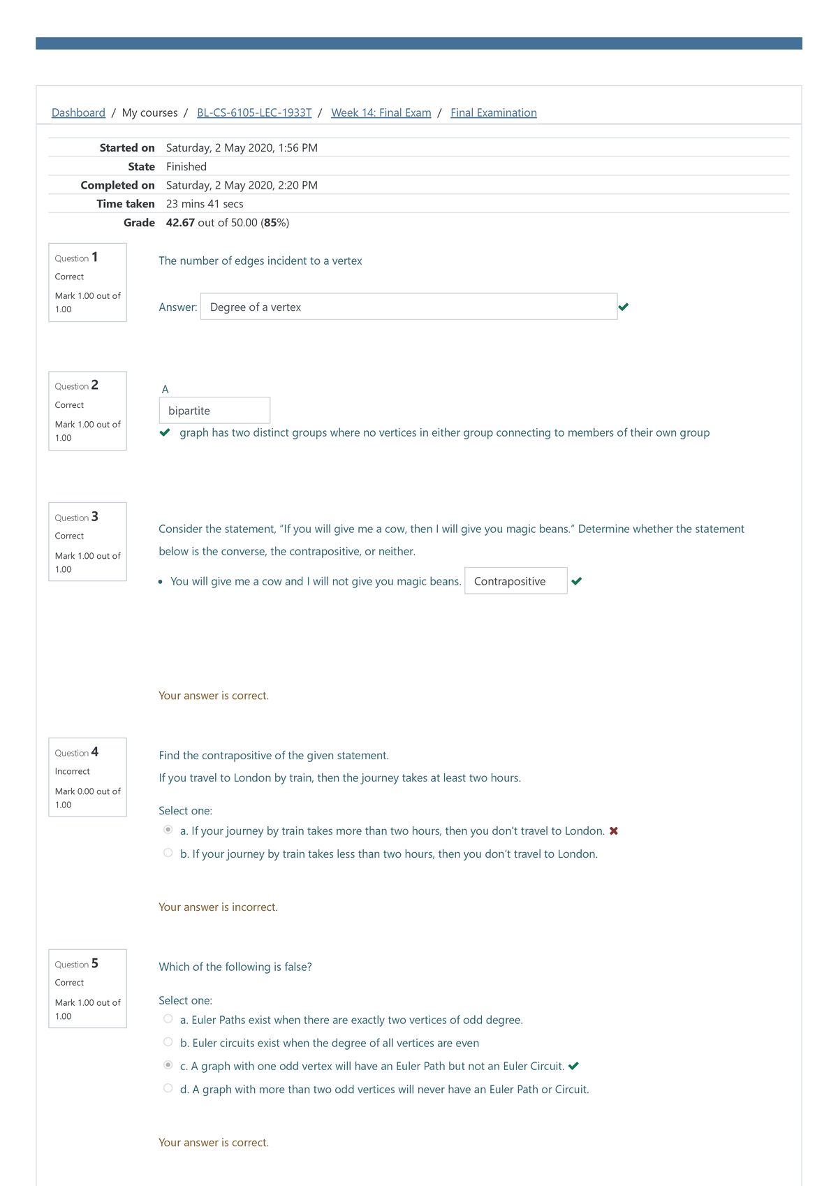 Final Examination Attempt review - Dashboard / My courses / BL-CS-6105 ...