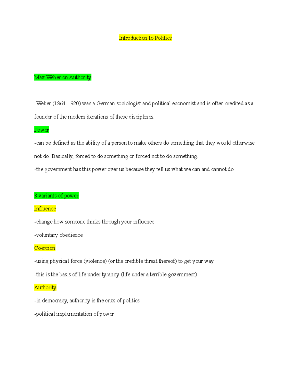 Politics notes - Homework assignement - Introduction to Politics Max ...