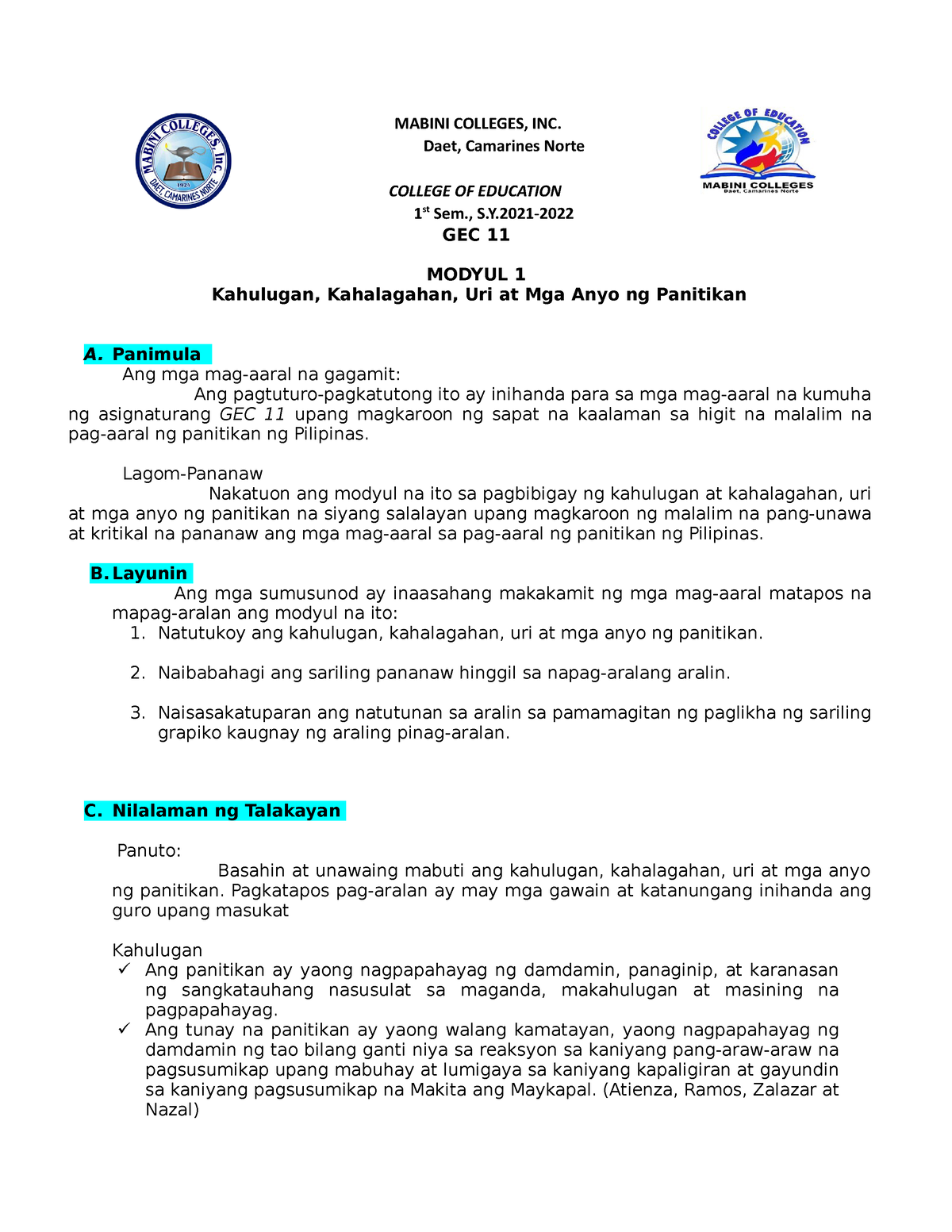 Module 1 Tinatalakay Nito Ang Introduksyon Sa Pag Aaral Ng Panitikan Mabini Colleges Inc 7070